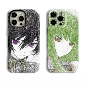 Trendy Shonen Anime Code Geass Lelouch & C.C. Sketch Phone Case for iPhone 17 Air 16 Pro Max 15 14 Plus 13 12 11, Film 2-in-1 Matte & Glossy Cover, Perfect Gift for Teens