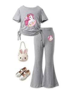Summer Girls' Unicorn Cartoon Set, Drawstring Design, Cute Print, Short Sleeve Tee & Flared Pants, Casual Summer