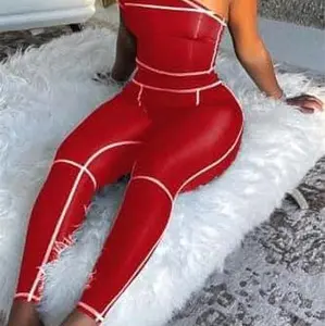 Candy Magic Red Latex Jumpsuit with White Stripes for Women's Fashion