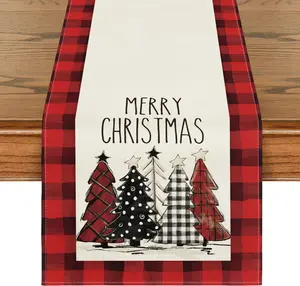 Watercolor Red and Black Buffalo Plaid Christmas Trees Merry Xmas Table Runner, Seasonal Winter Holiday Kitchen Dining Table Decoration for Indoor Outdoor Home Party Decor 13 x 60 Inch
