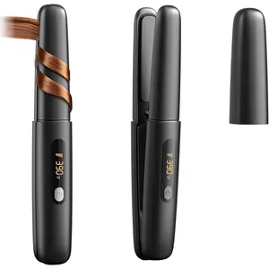 Cordless Hair Straightener Curler 2 in 1 Ceramic Flat Iron Mini Portable Fast Heating 30s 4500mAh Battery 4 Temp Adjustments LCD Display USB Rechargeable for Women Men with Pouch(Black)