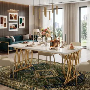 Tribesigns Modern Dining Table For 4-6 People, 63" Large Rectangular Kitchen Table With Faux Marble Tabletop And Gold Geometric Legs, Unique Dinner Table Kitchen & Dining Room Furniture, Decor Home Furniture, White And Gold