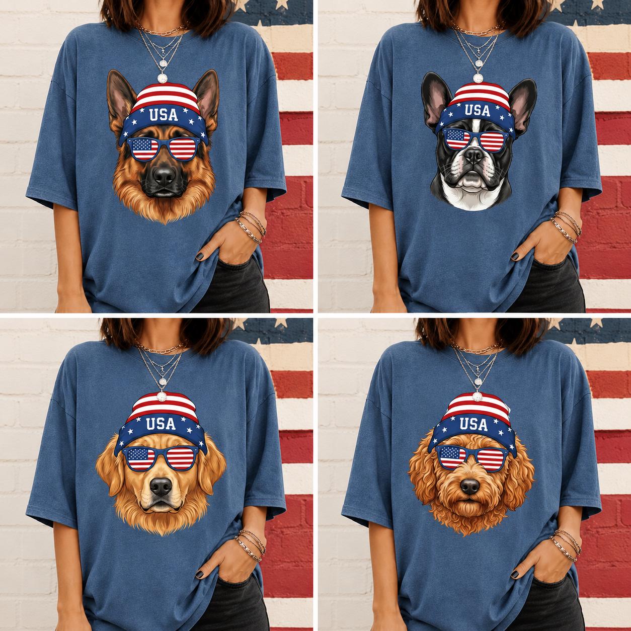Comfort Colors Custom 50+ Breeds Patriotic Dog T-Shirt, Personalized Dog Breed Graphic Tee, American Flag 4th of July Puppy Shirt, Dog Mom Dad Independence Day Gift-Tiffany Graphic Tee