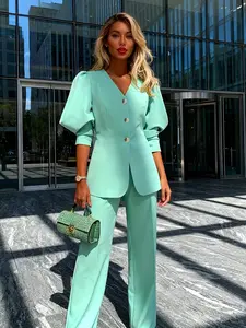 Women's New Summer Commuter Fashion European Style Elegant Chic V-Neck Suit Set, Stylish Office Wear, Trendy Business