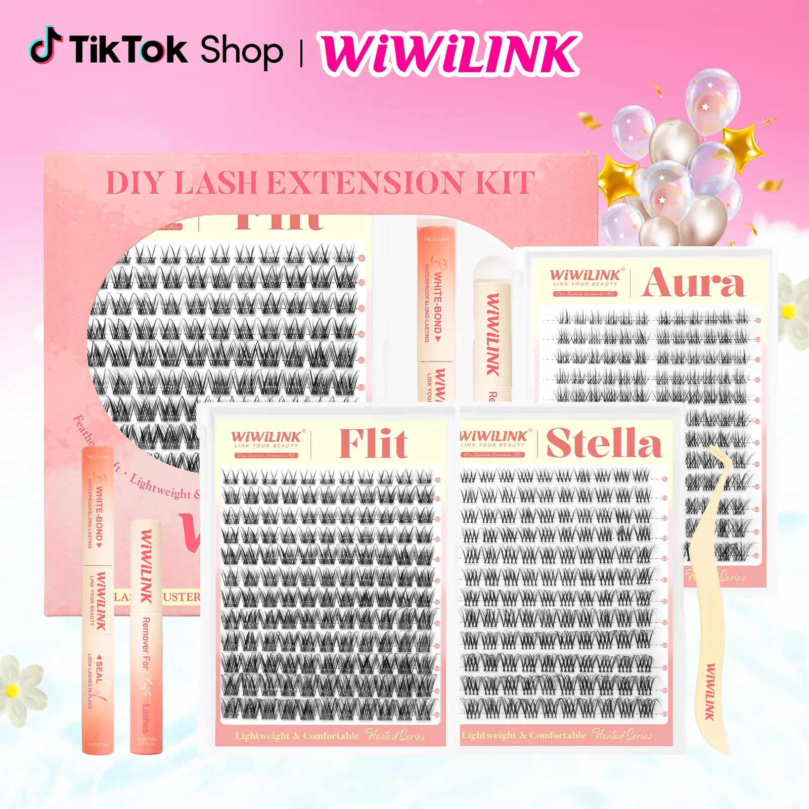 WiWiLINK Stella Flit Aura 3D Cluster Lashes - DIY Lash Extension Kit Ultra-Thin Transparent Bands, C/D Curl, 8-16mm (Includes Bond, Seal & Remover)