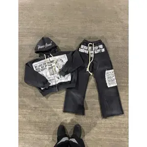 Sweatshirt and pants Y2K New Gothic Punk Sportswear Two Piece Set Harajuku Retro Patchwork Printed Loose Zipper Hoodie Fashion Casual Sports Pants colorblock drawstring zip Flare Waisted Lounge long sleeve pullover sweatshirt zipper