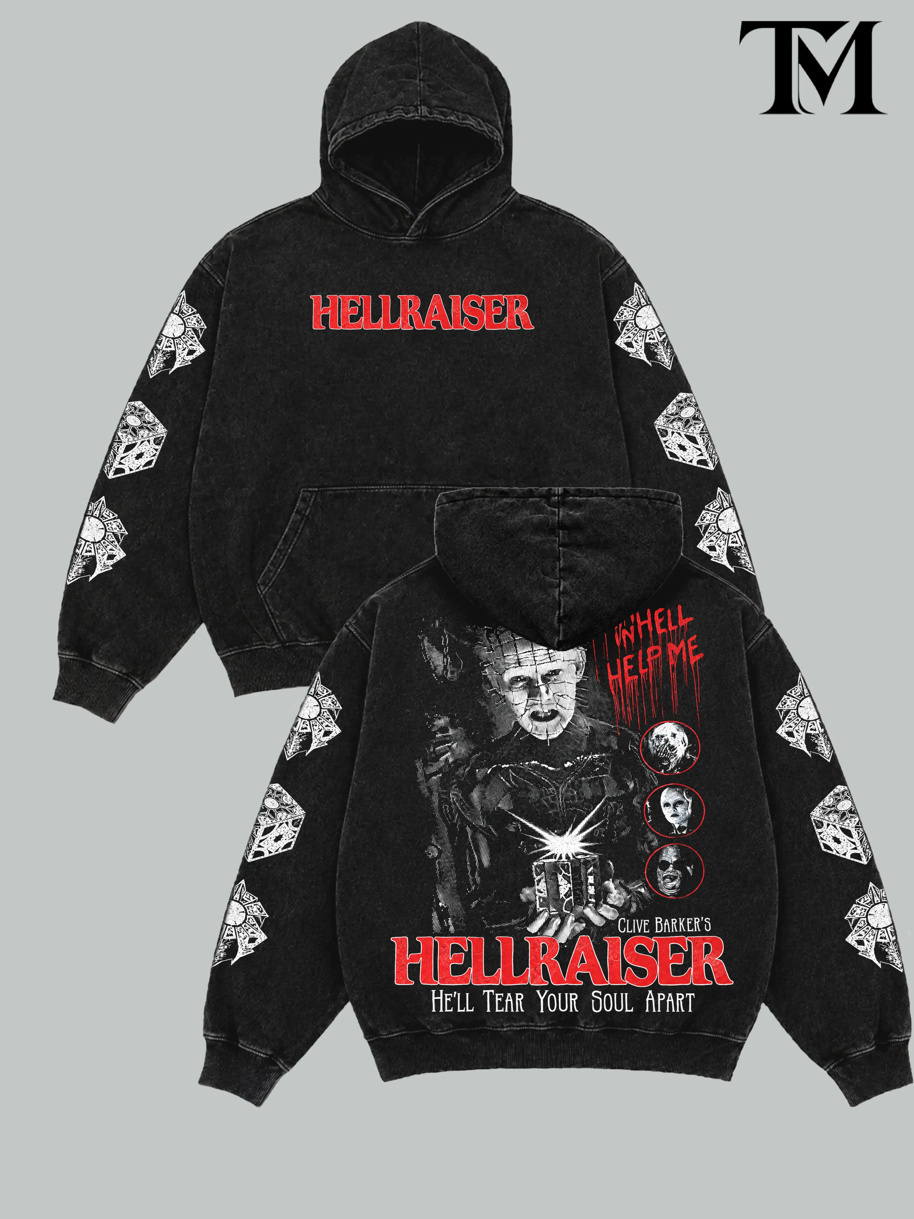 Hellraiser Pinhead Vintage Washed Oversized Hoodie & Tee, Double-Sided Horror Movie Graphic Pullover, Sleeve Print Gothic Streetwear, Retro Cult Horror Unisex Hooded Top, Halloween Fan Gift