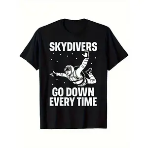 Men's Short-Sleeve Round Neck Graphic T-Shirt - Menswear, Funny Skydiver Parachute Jumping Quote Print, Black Streetwear Casual Relaxed-Fit Regular-Length All-Season Tops, Ideal Gift for Dads, Shortsleeve