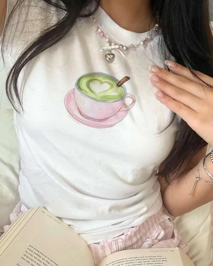 [Sale Up To 50%] [Sale Up To 50%] Matcha Latte Graphic Baby Tee - Y2k Coquette Cropped Shirt, Gift for Her