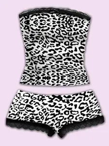Two-Piece Sweet Cool Leopard Print Halter Top Short Set, Lace Patchwork Sexy, Perfect for Home and Outdoor Shopping