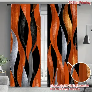 2D flat, 2-piece set, abstract art wavy striped print curtains, modern style orange, black, gray design, polyester fiber, suitable for living room bedroom balcony study home decoration - easy installation, seasonal home decoration, decorative curtains.