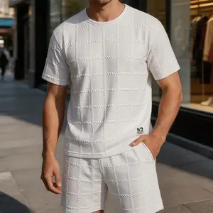 Men's 2-Piece Textured Grid Pattern Matching Set - Crew Neck Short-Sleeve T-Shirt & Drawstring Shorts Co-ord, Casual Knit-Look Loungewear with Logo Patch, for Street Style & Daily All-Day Comfort Menswear, Men's 2 Piece Sets