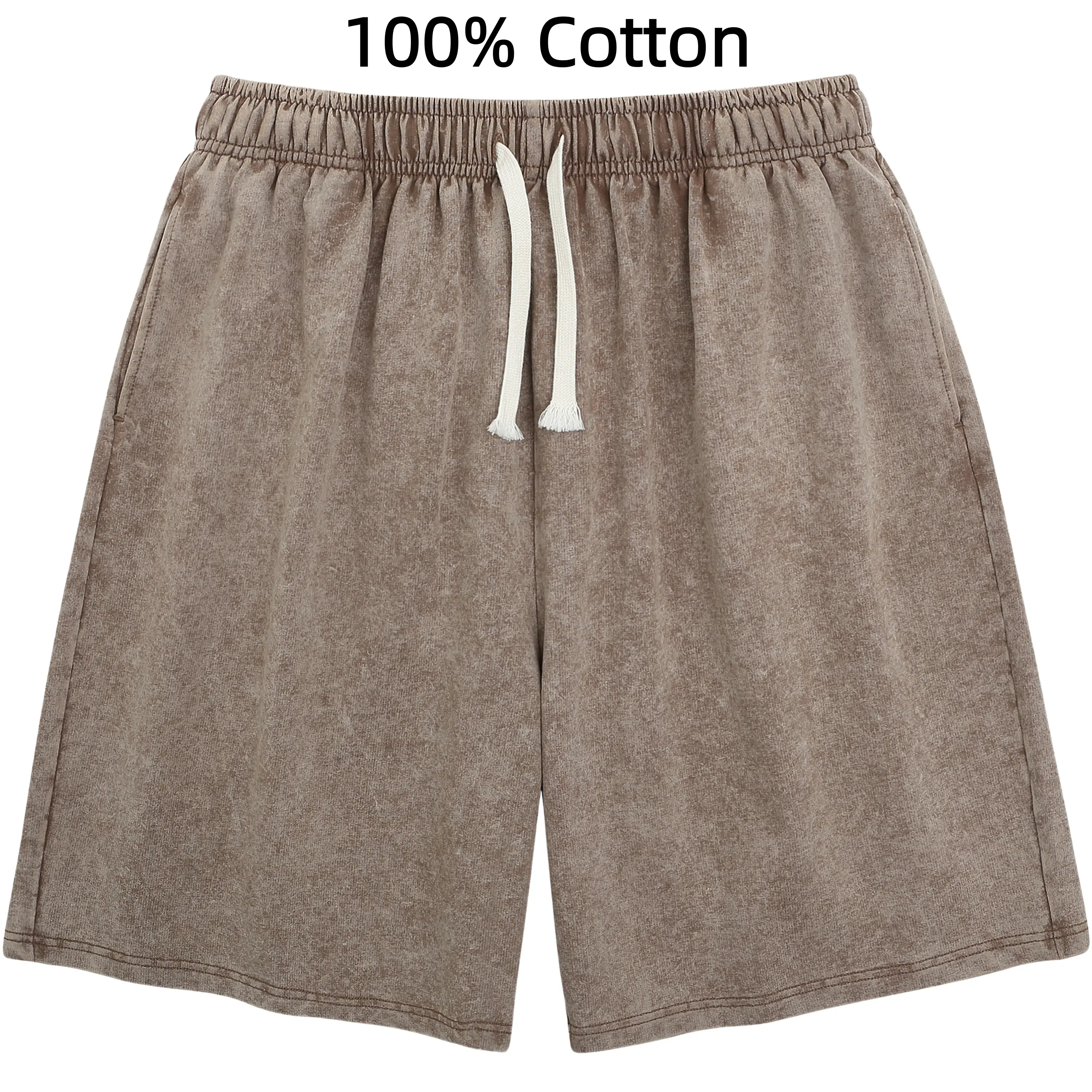 Men's 100% Cotton Distressed Vintage Acid Wash Baggy Knee-Length Shorts - Elastic Waist, Drawstring, Side Pockets, Loose Fit, Mineral Washed Menswear Plain Streetwear Lounge Shorts for Summer Daily Workout Outfits, Festive Casual Use