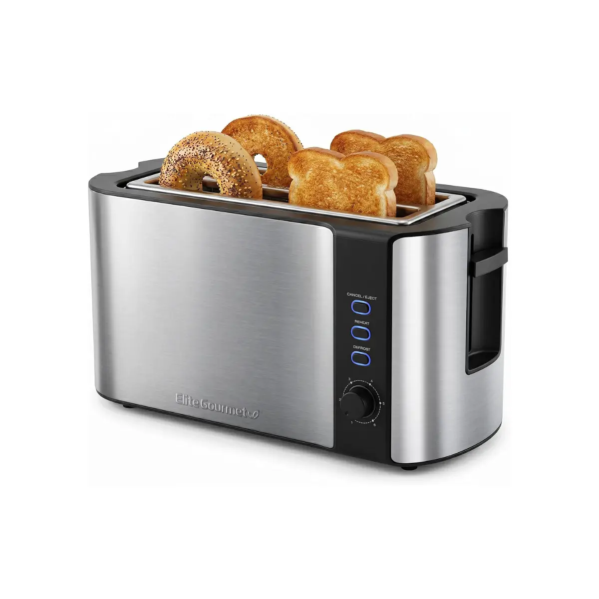 Elite Gourmet ECT-3100 4-Slice Long Slot Toaster, Stainless Steel | Extra-Wide Slots Fit Bagels, Sourdough & Texas Toast, 6 Browning Settings, Reheat, Defrost & Cancel, Built-In Warming Rack