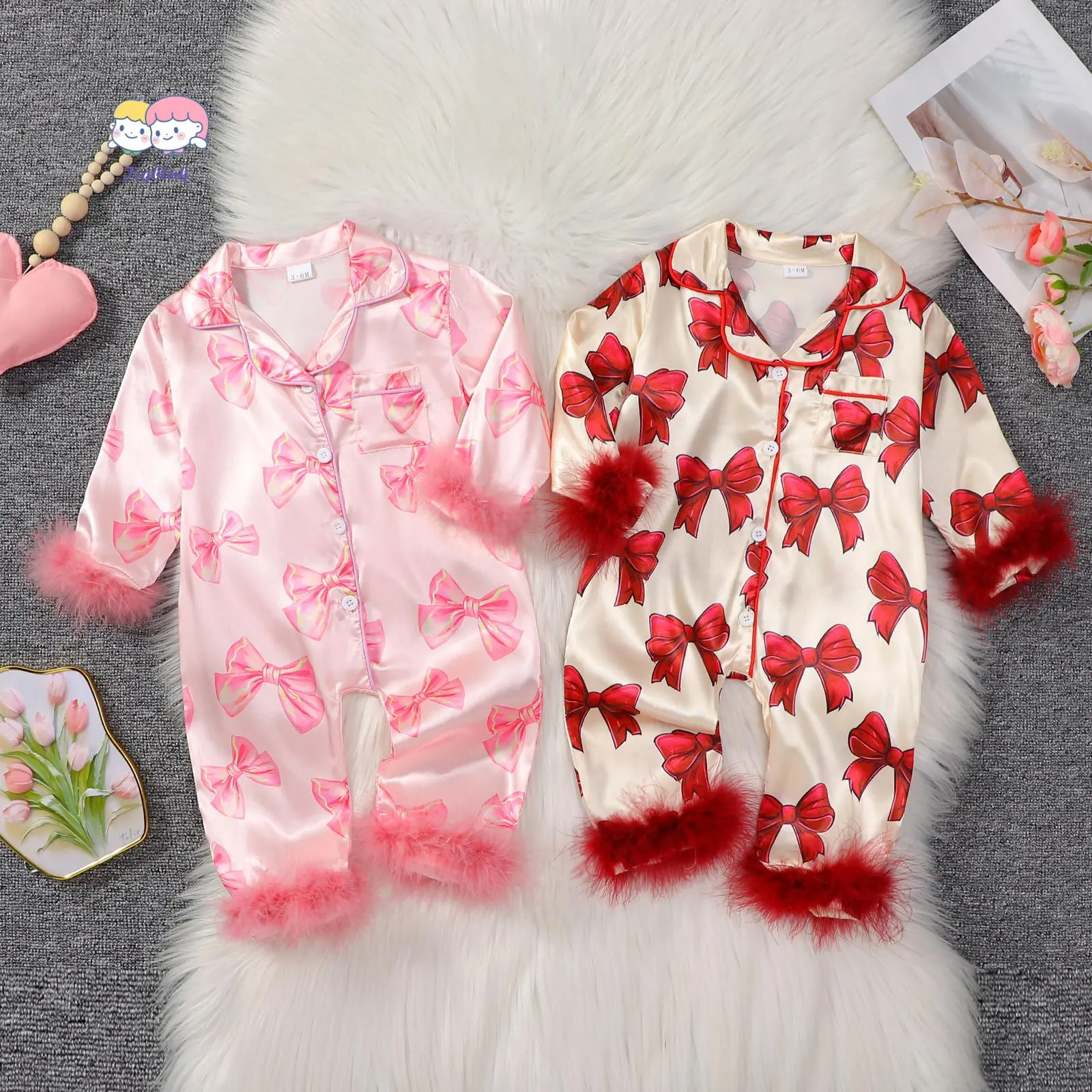 Baby Girls' Long Sleeve Bow Print Furry Patchwork Button Closure Jumpsuit - Newborn Clothes, Infant Sleepwear, Babywear, Indoor Outfit, Cozy, Polyester, Loungewear, Soft Fur Texture, One-Piece Sleepwear Ease