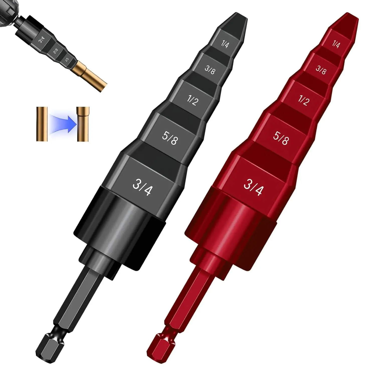 2-Sets Bearing Steel 5-in-1 Flaring & Swaging HVAC Tools, Drill-Compatible Copper Tube Repair Kit with 5 Different Sizes (1/4"-3/4" in) Bits, Fast-Speed Pipe Expansion Tool (Black & Red)
