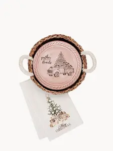 Bread Warmer & Basket Gift Set with Tea Towel - Christmas Truck Round