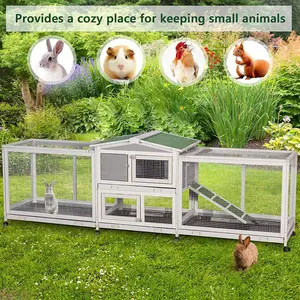 94.5'' Rabbit Hutch with 8 Wheels, Bunny Cage Two Run Rabbit Cage Outdoor Wooden Bunny Hutch Small Animal House with Removable Tray & Anti-Slip Ramp