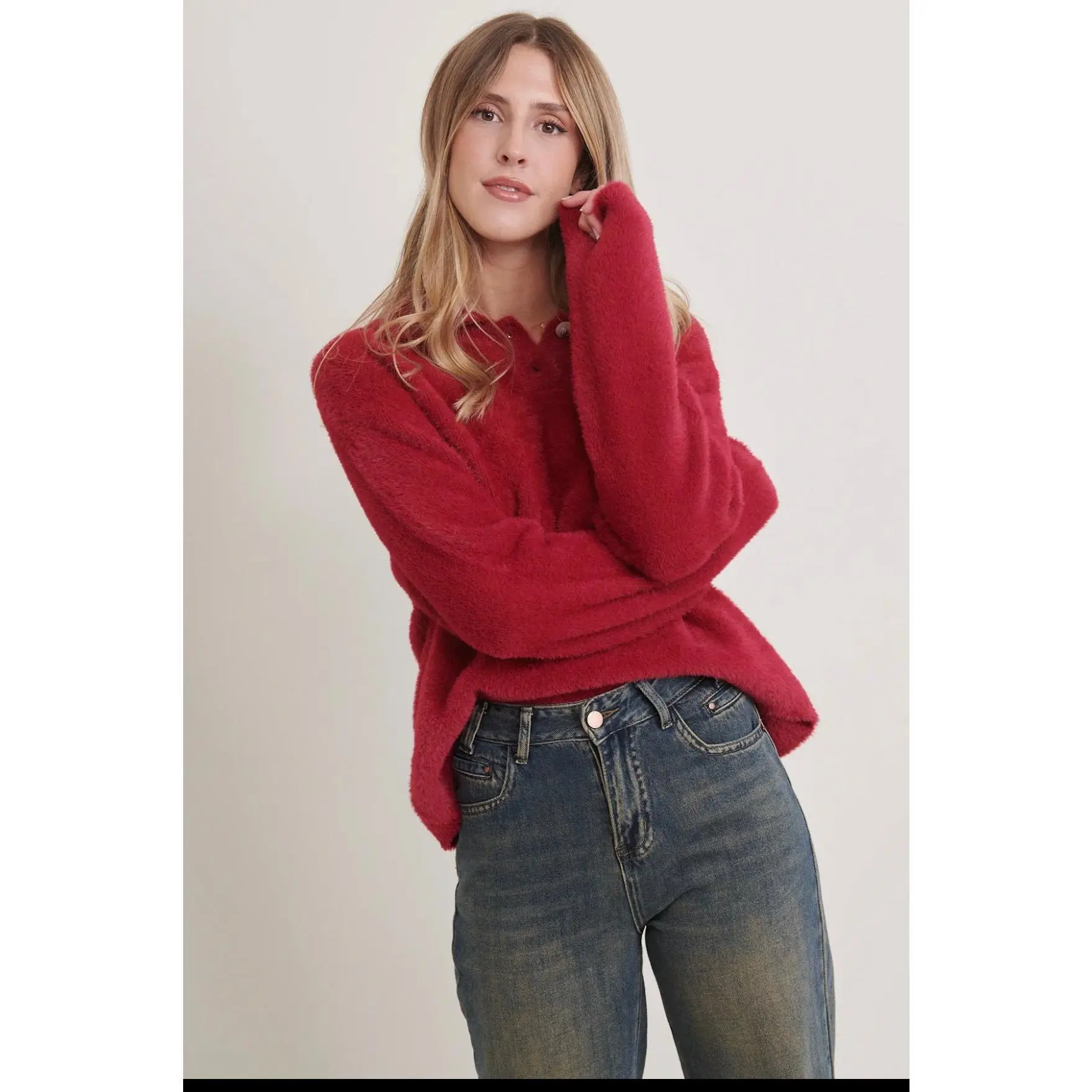 Clever Alice Fuzzy Collared Sweater in Three Colors