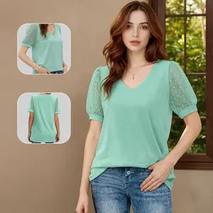 Women's Chic Puff Sleeve Tunic Top V-Neck Swiss Dot Basic Blouse Loose Fit T Shirts for Business