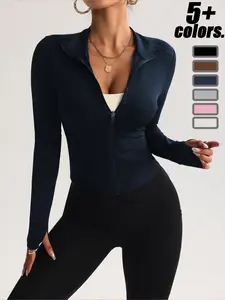 Women's Fitted Short Zipper Sport Jacket, Long Sleeve Thumb Hole Yoga Coat, Gym Running Sports Top, Casual Daily Wear