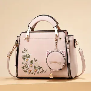 Women's Small Wallet and Handbag Floral Embroidery Crossbody Bag Fashion Tote with Kitten Pendant Shoulder Bag kindergarten gifts graduation
