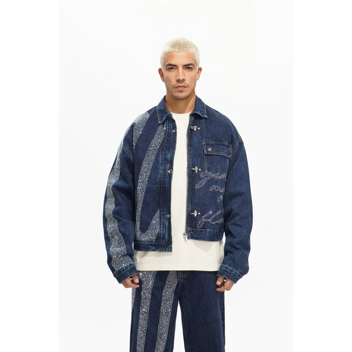 Men's Rhinestone Cropped Denim Jacket - Blue Menswear Coats, Unisex Streetwear Outerwear, Premium Cotton Fabric with Asymmetrical Metal Clasp
