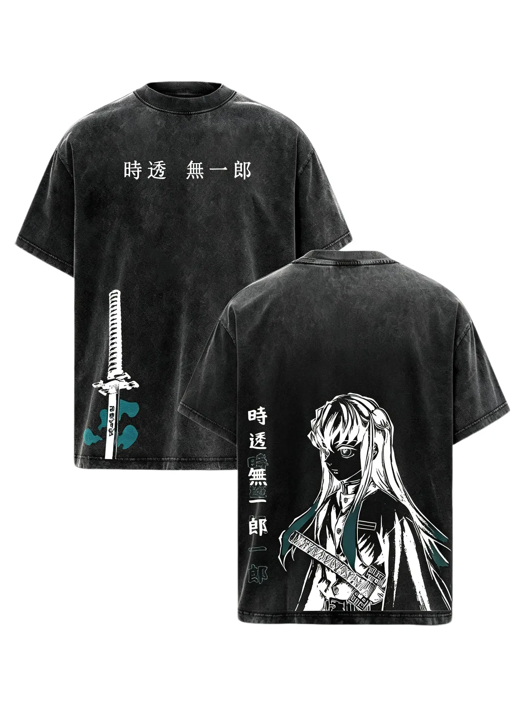 Anime Samurai Graphic T Shirt,Front Back Vintage Washed Manga Print Oversized Loose,Soft Cotton Fabric,Unisex Anime Fans Teens Adults,Street Convention Daily Casual Outfit. Baggy Tropical