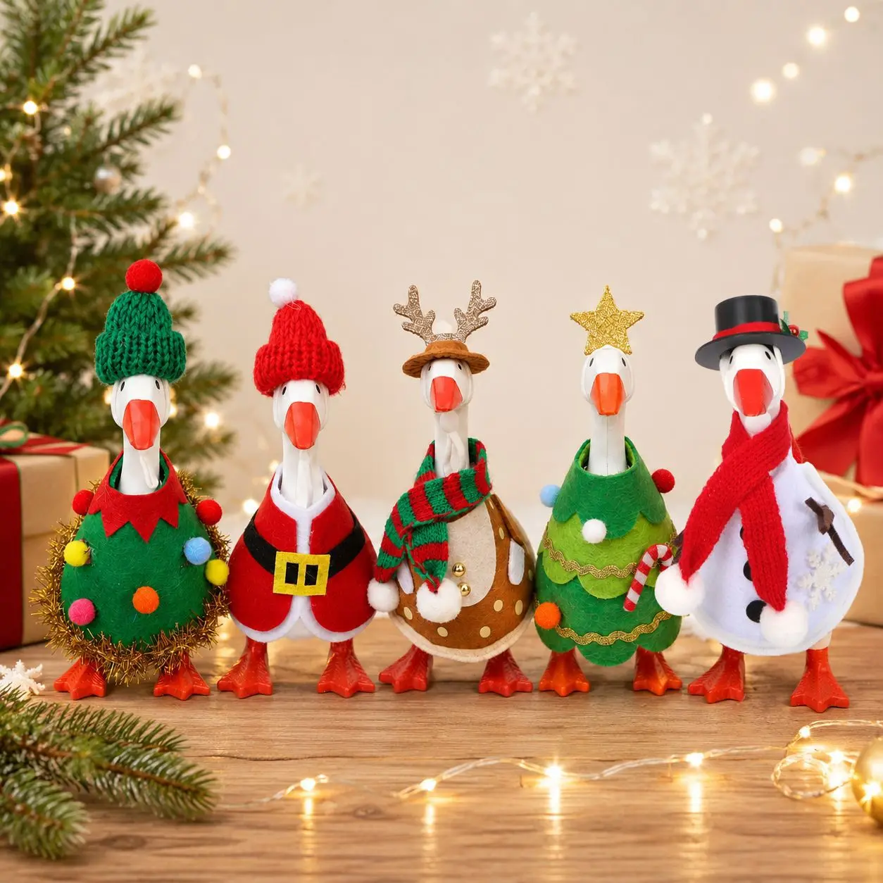 Adorable Holiday Desktop Goose Statue Costume Kit 5 Assorted Christmas Character Outfits Including Elf Santa Reindeer Snowman and Christmas Tree Perfect for Xmas Party Table Decor and Holiday Presents