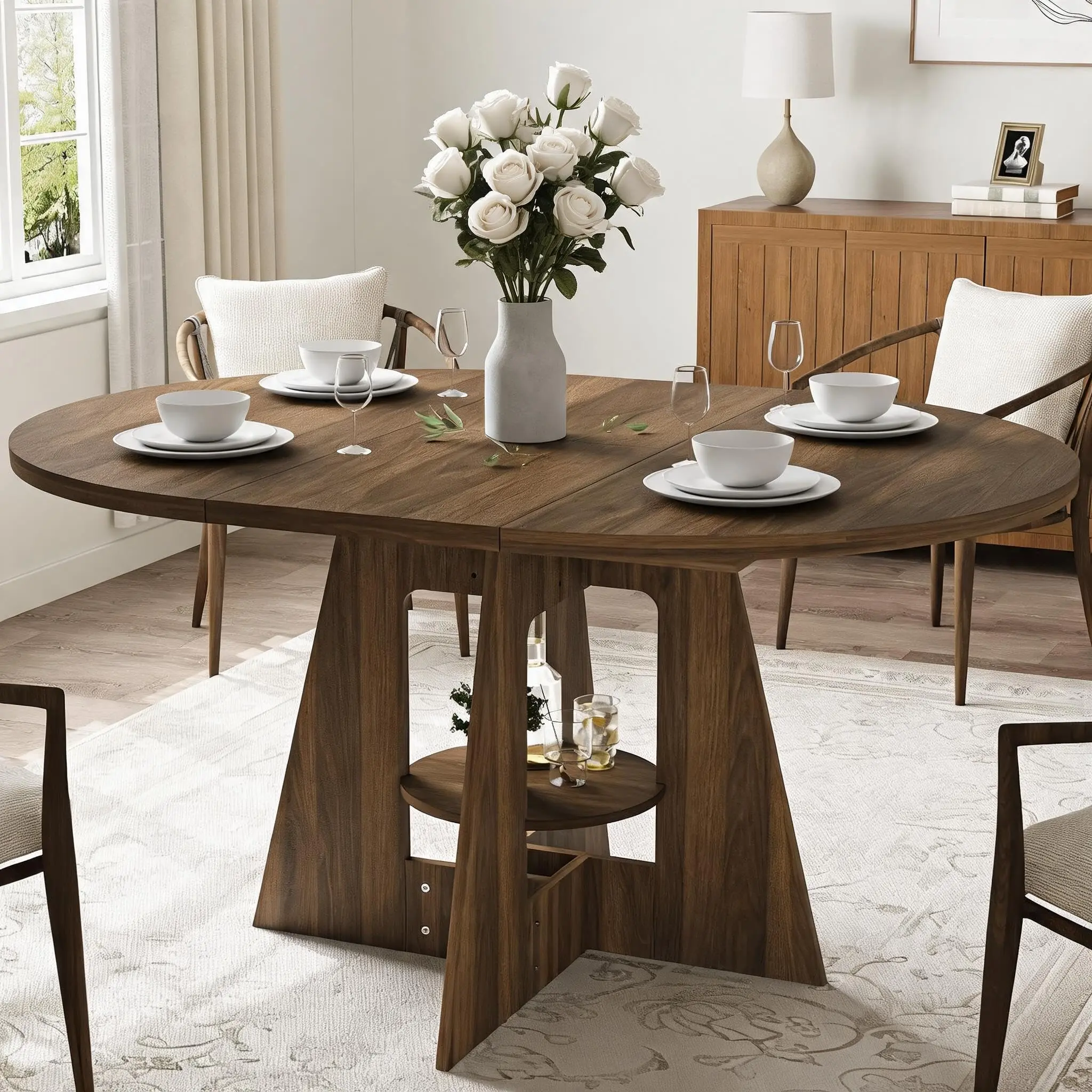 Garvee Extendable Oval Dining Table, Adjustable from 43.3 to 59 Inches, Farmhouse Style Kitchen Table Suitable for 4 to 8 People, Versatile Round to Oval Design