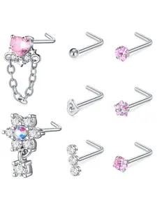 Cute Rhinestone Decor Nose Rings Set, Heart & Star & Butterfly & Flower & Fish Tail Design Nose Studs, Fashion Body Jewelry for Women & Girls, Nose Piercing Jewelry