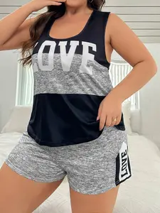 Cool Colorblock Love Plus Size Tank Top and Shorts Pajama Set, and Comfortable Two-Piece Loungewear for Home