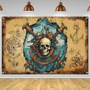 Pirate Party Banner Decorations, Pirate Adventure Treasure Map Backdrop, Nautical Theme Birthday Party Supplies, Fun Event Essentials
