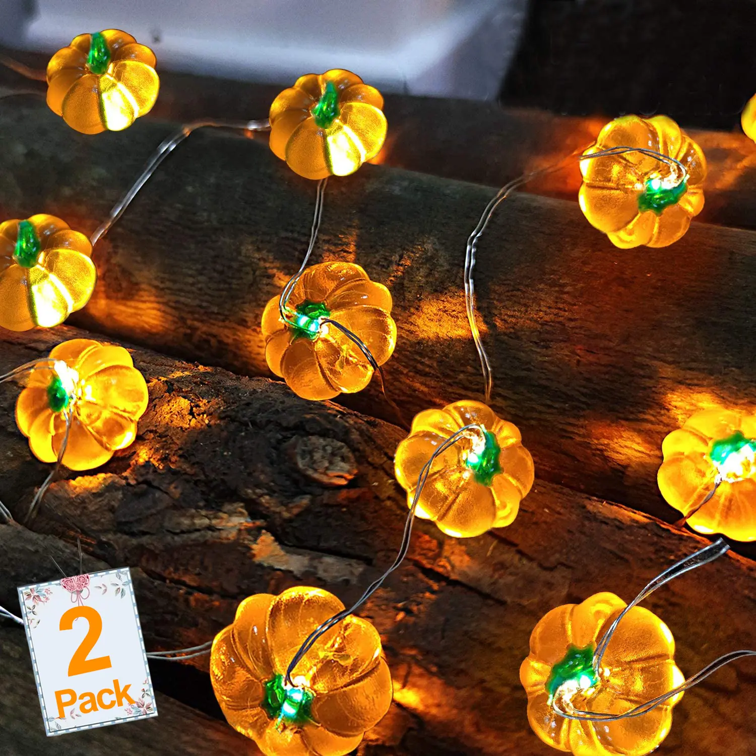 2-Pack 13 Ft 3D Pumpkin String Lights Fall Decor, 40 LEDs Battery Operated Waterproof, Flexible Copper Wire for Halloween Fall Thanksgiving Porch Yard Decor