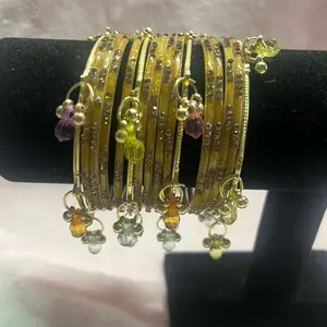 Vibrant Style Set: 12 Kashmiri Glass Bangles & 4 Gold-Tone Accent Pieces