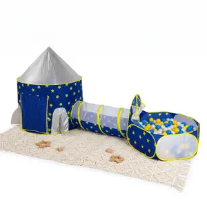 Apojungle 3-in-1 Kids Rocket Play Tent with Tunnel & Ball Pit - Pop-Up Space Adventure Tent for Toddlers, Breathable Mesh, Indoor/Outdoor Playhouse with Star Print.Easy Setup Foldable Design, Perfect Gift for Toddlers Boys & Girls
