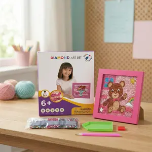 Diamond Art Kit Set 7 1/8" x 7 1/8" with Frame (Teddy Bear with Pink Frame)