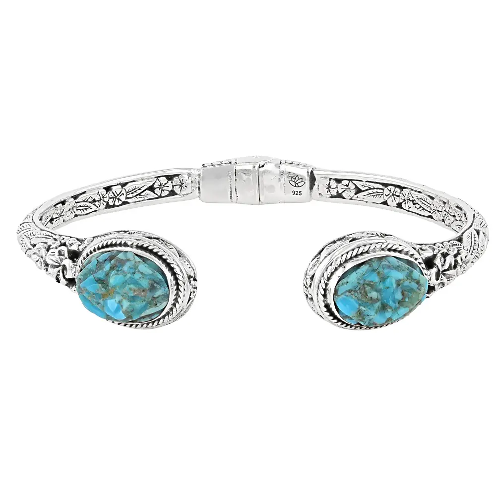 JTV Carved Blue Composite Turquoise Sterling Silver Floral Cuff Bracelet, 14x10mm