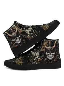 Men's Fashionable Skull Print Lace Up Sneakers, Halloween Themed High Top Canvas Shoes, Casual Comfortable Sports Shoes, Male All-match Round Toe Shoes for Daily Wear