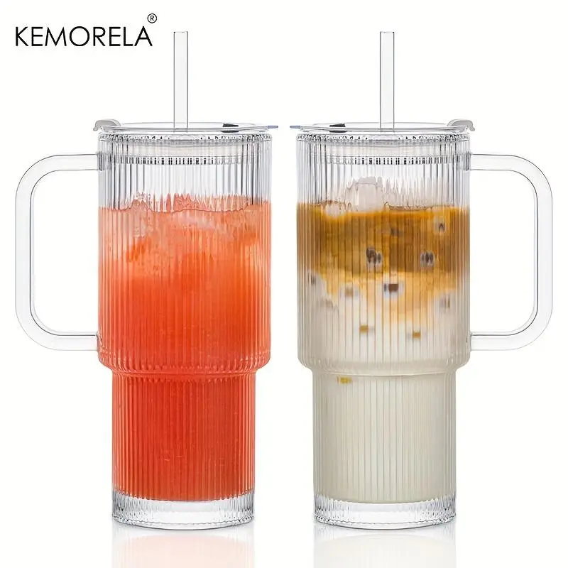 Glass Tumbler with Handle & Lid, 1/2 Counts Large Capacity Iced Coffee Cup with Straw, Modern Glass Mug for Cold & Hot Beverages, Aesthetic Travel Cup