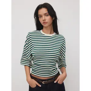 Cider Cotton-blend Stripe Round Neckline Mid-length Sleeve Cinched Waist Tee