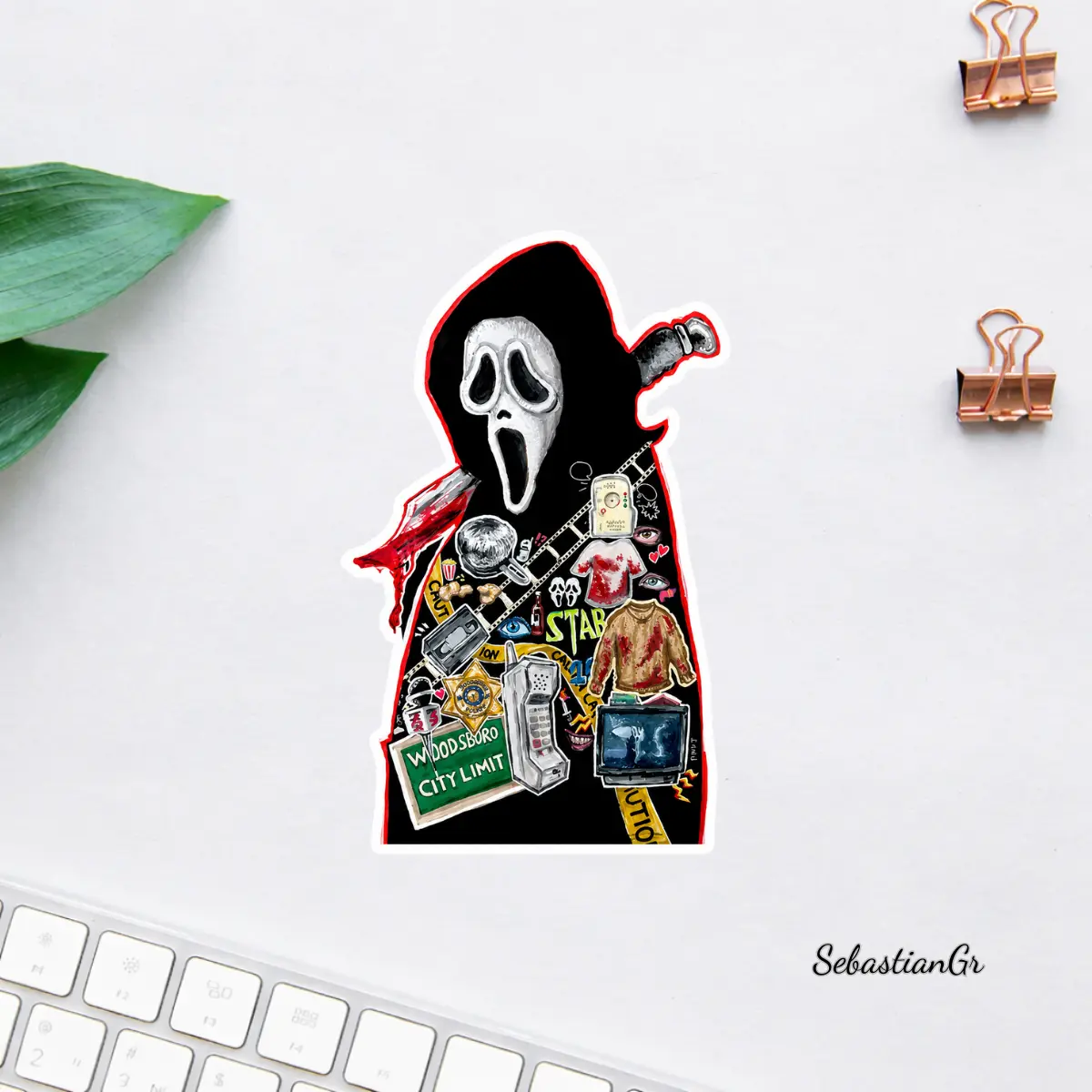 Ghostface Horror Collage Sticker, Scream Movie Inspired Vinyl Decal, Retro Slasher Aesthetic Laptop Car Sticker
