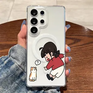 Adorable Girl Indicating an Inquisitive Cat with a Speech Bubble. Transparent Acrylic Phone Case with Magnetic Anti-Drop Features for Samsung Galaxy A05s A06 A07 A14 A15 A16 A17 A23 A24 A25 A26 A34 A35 A36 A37 A54 A55 A56 A57 S10E S20 S21 S22 S23 S24 S25