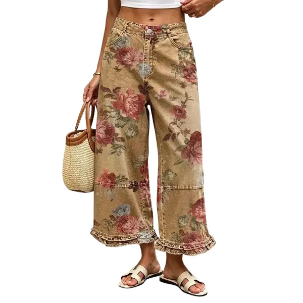Flamingals Floral Pattern Ruffle Hem Stitch Detail Mid Waist Wide Leg Crop Pants Womenswear Stretchy 24.2" Inseam