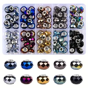 100 Assorted European Charm Beads Kit-Large Hole Crystal Spacer Beads, Colorful, Faceted Plated Metal, Suitable for DIY Necklace and Bracelet Jewelry Making, Including Storage Box, Jewelry Making Beads