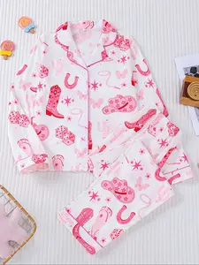 Children's cute pink denim style printed pajamas 2 sets of skin-friendly home essentials, Casual Comfy Pajama, girls' pink western style element printed long-leeved long pants pajamas home clothes sleepwear sets, new flame-retardant collar shirt
