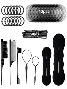 The 109 piece minimalist black hair styling tool set includes a hair net with a U-shaped clip and a sponge bun, suitable for women's yoga, ballet, dance, work, and dinner styling tools