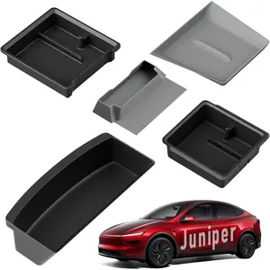 5-PCS Center Console Organizer Set for 2026 Tesla Model Y Juniper, Under Seat Storage Box, Wireless Charging Pad Cover & Trays, Custom Fit Anti-Rattle Interior Accessories (Grey/Black)