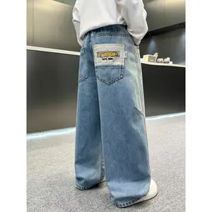Boys' Mid-to-large Size Four-season Loose Denim Pants with Contrasting Back Pocket Patchwork