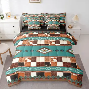 Feelyou 7-Piece Cowhide Western Comforter Set with Sheets, Breathable Cloth Bedding Set, Southwest Native Geometric Aztec Patchwork Cow Print Bed-in-a-Bag, Country Room Decor, Seven Pieces